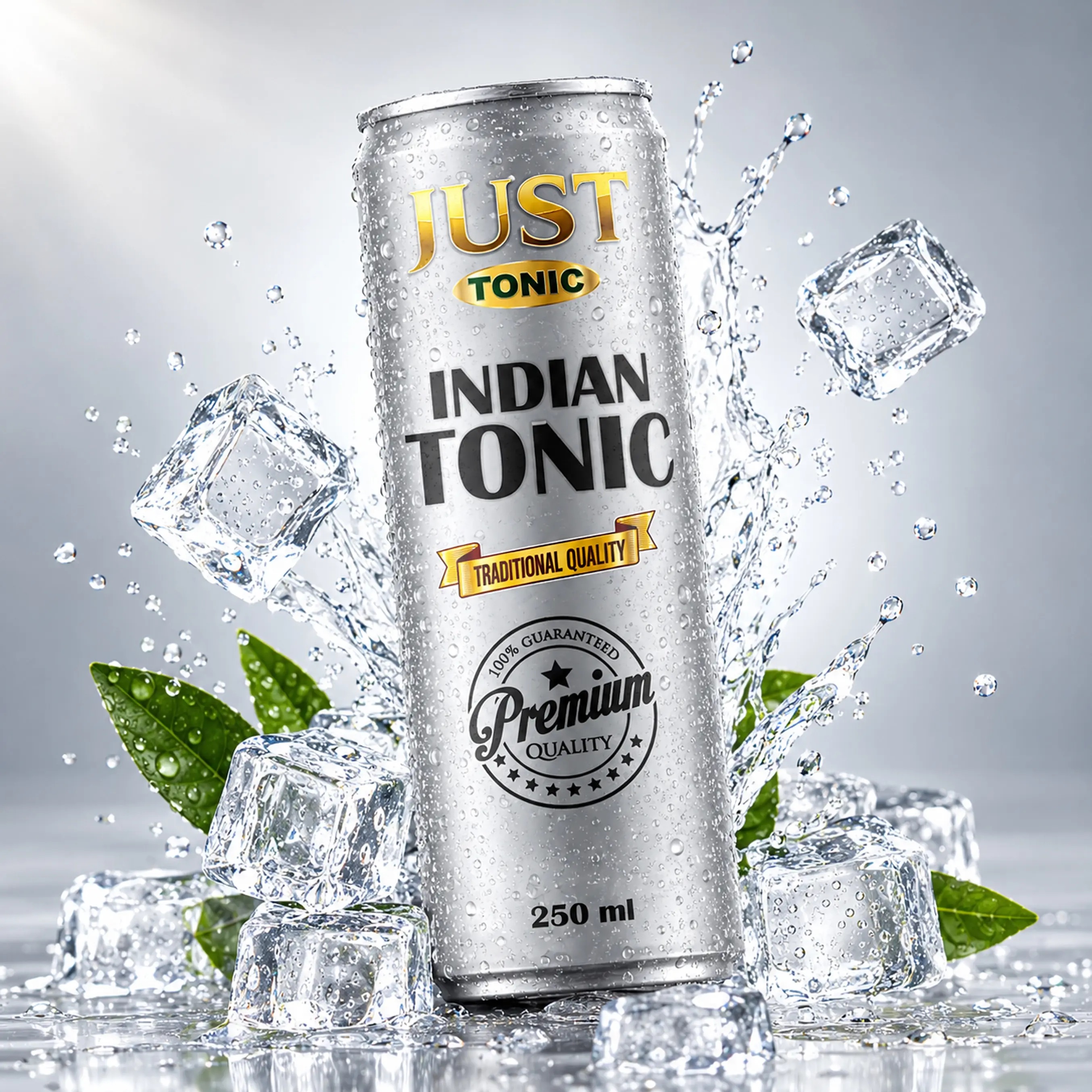 JUST Tonic Indian Tonic 250ml can surrounded by ice cubes, green leaves, and refreshing water splashes.